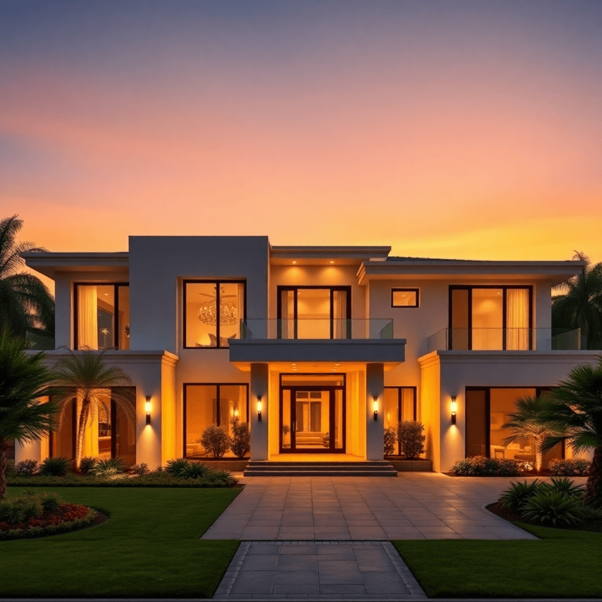 Modern luxury home exterior at sunset with warm lighting and lush landscaping under a clear sky, showcasing elegant architectural details.