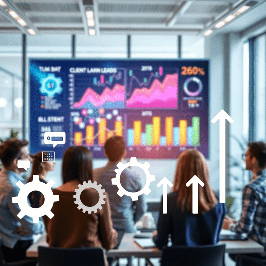 Modern real estate office with a team collaborating around a digital screen showing colorful graphs, with floating icons of communication, automati...