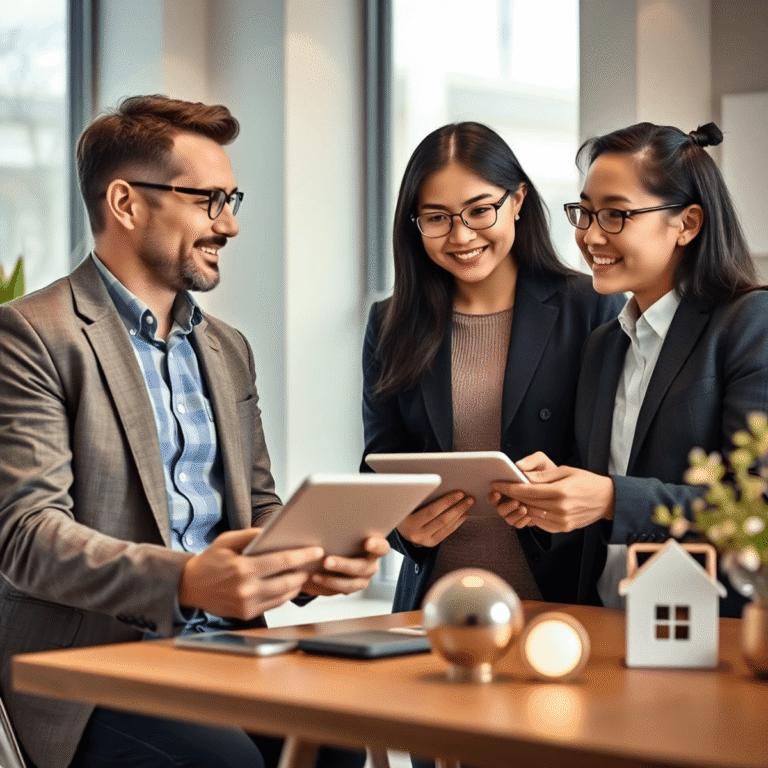 Modern real estate office with agent consulting a couple, tablets displaying property icons, bright natural light, and home-themed decor symbolizin...