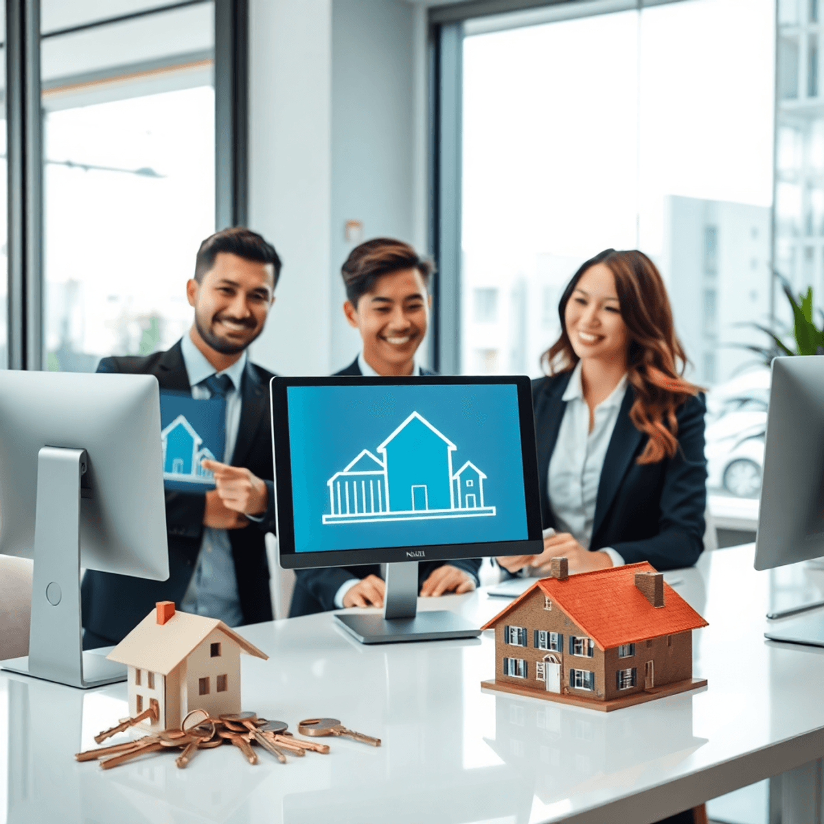 Modern real estate office with professionals collaborating, digital devices showing property icons, keys and house models on a clean desk in a brig...