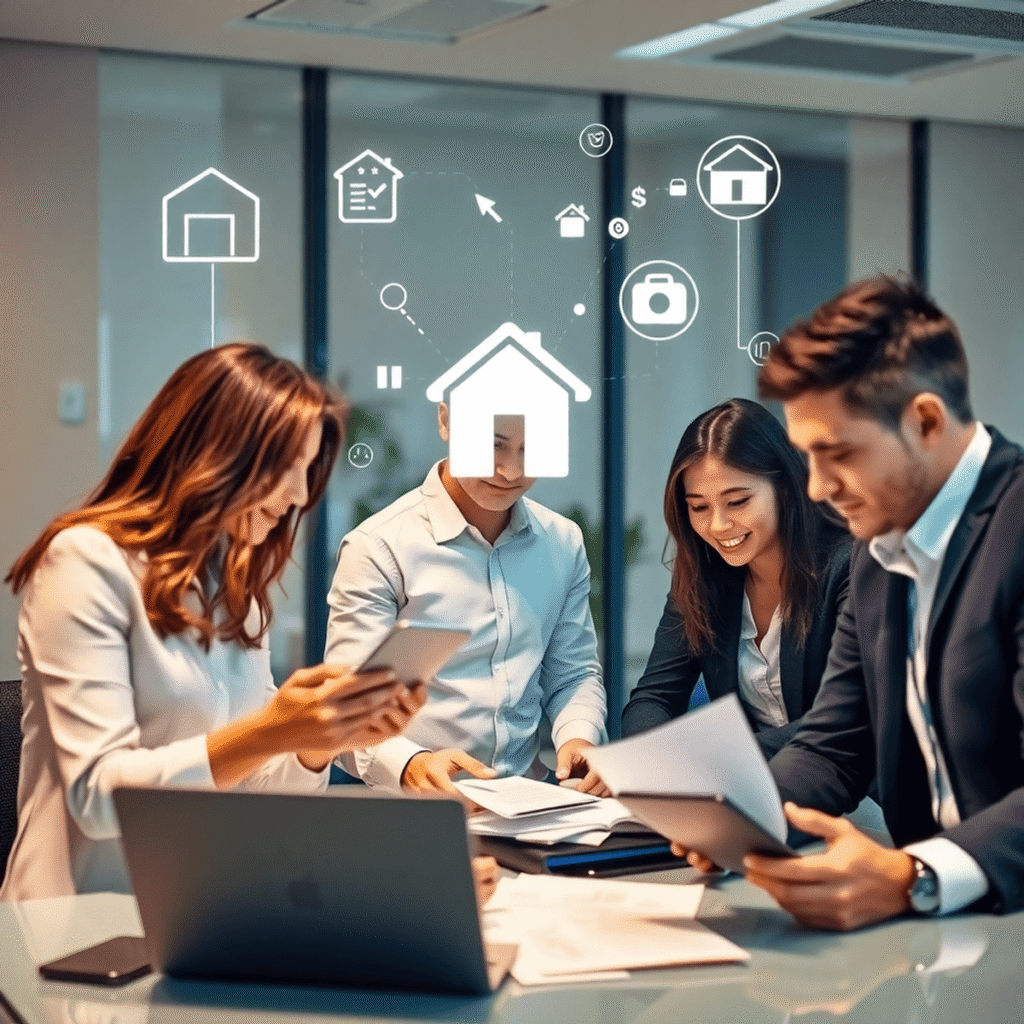 Modern real estate office with professionals collaborating over devices and paperwork, tech icons in background symbolizing efficient property mana...