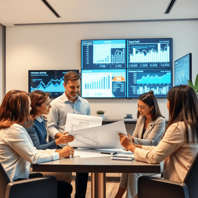 Modern real estate office with professionals collaborating over property plans, surrounded by digital screens showing market data and financial gra...