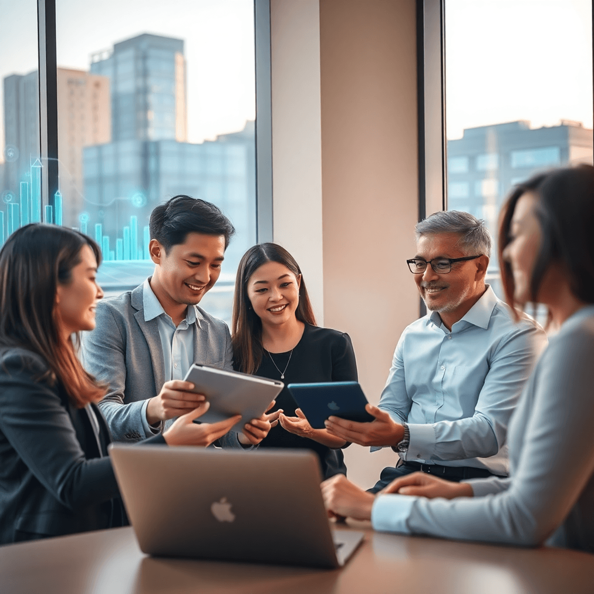 Modern real estate office with professionals discussing data on tablets, futuristic tech icons in the background, warm lighting, and urban building...