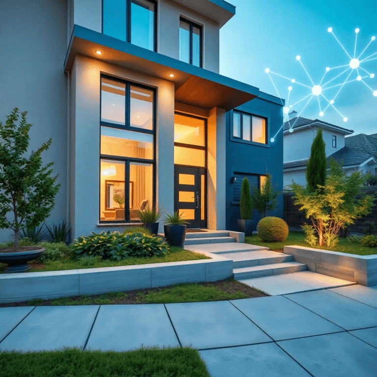 Modern rental property with a manicured garden and inviting entrance, featuring subtle glowing digital network patterns symbolizing smart real esta...