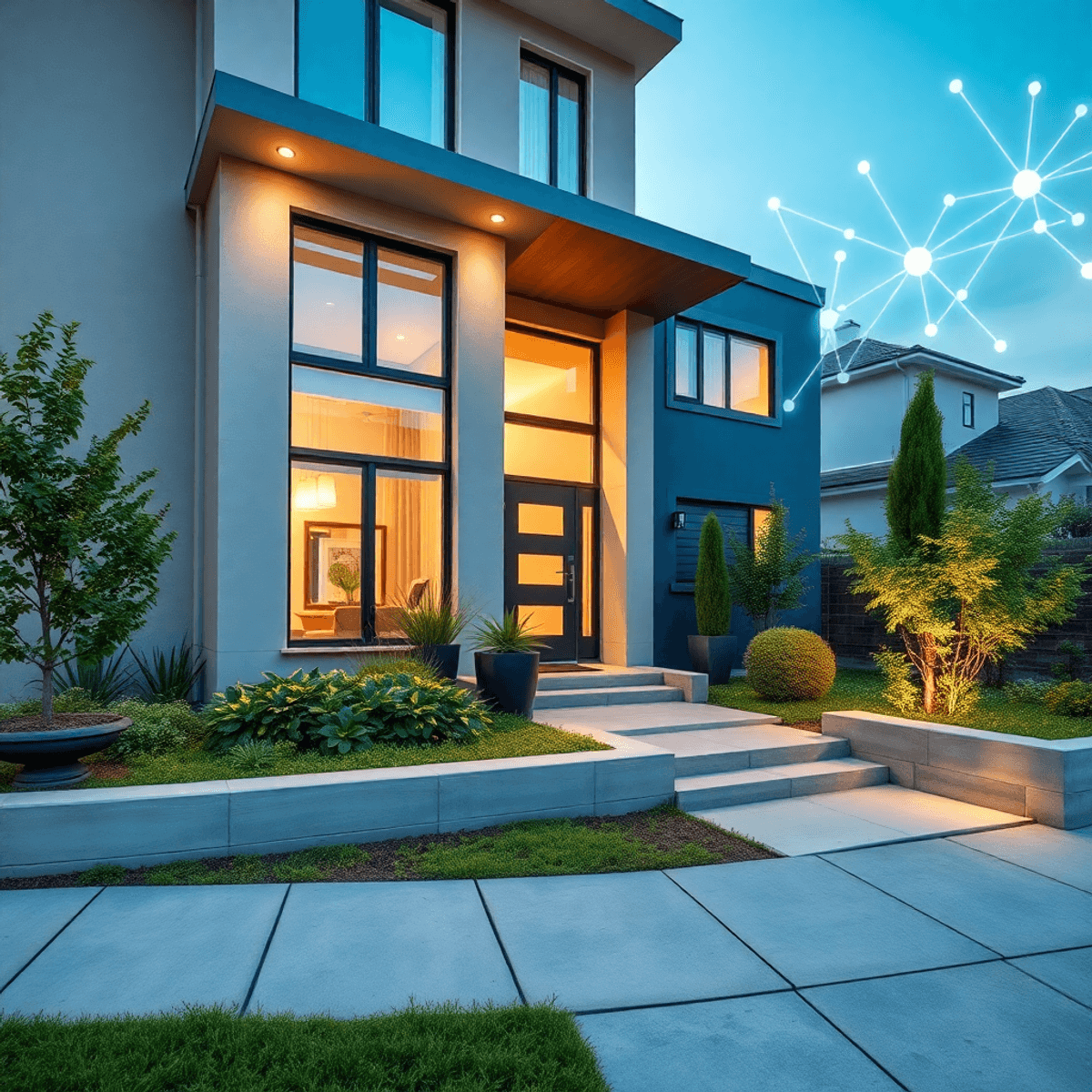 Modern rental property with a manicured garden and inviting entrance, featuring subtle glowing digital network patterns symbolizing smart real esta...