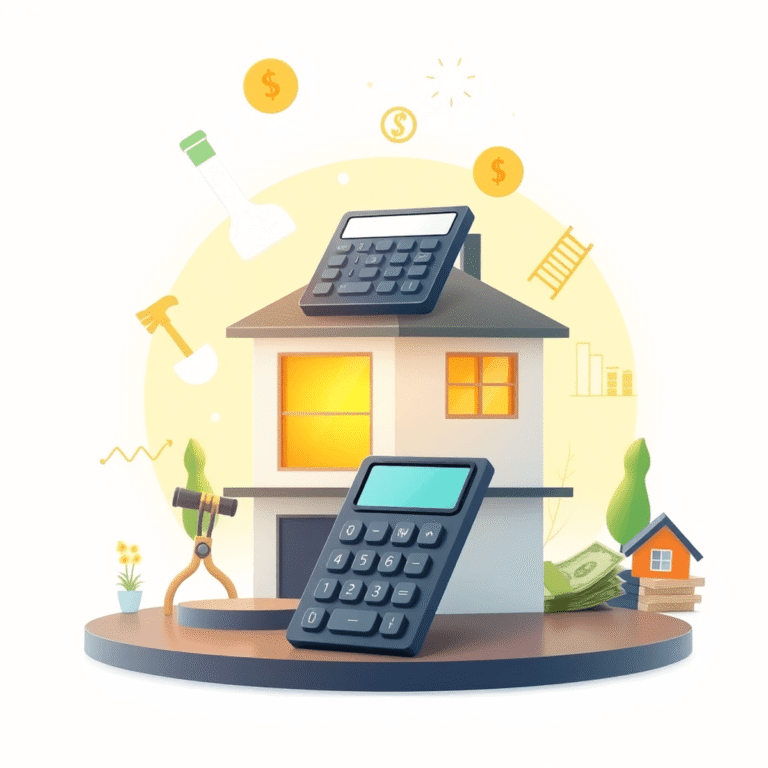 Modern rental property with floating calculator, financial symbols, maintenance tools, house, and money icons on a bright background.