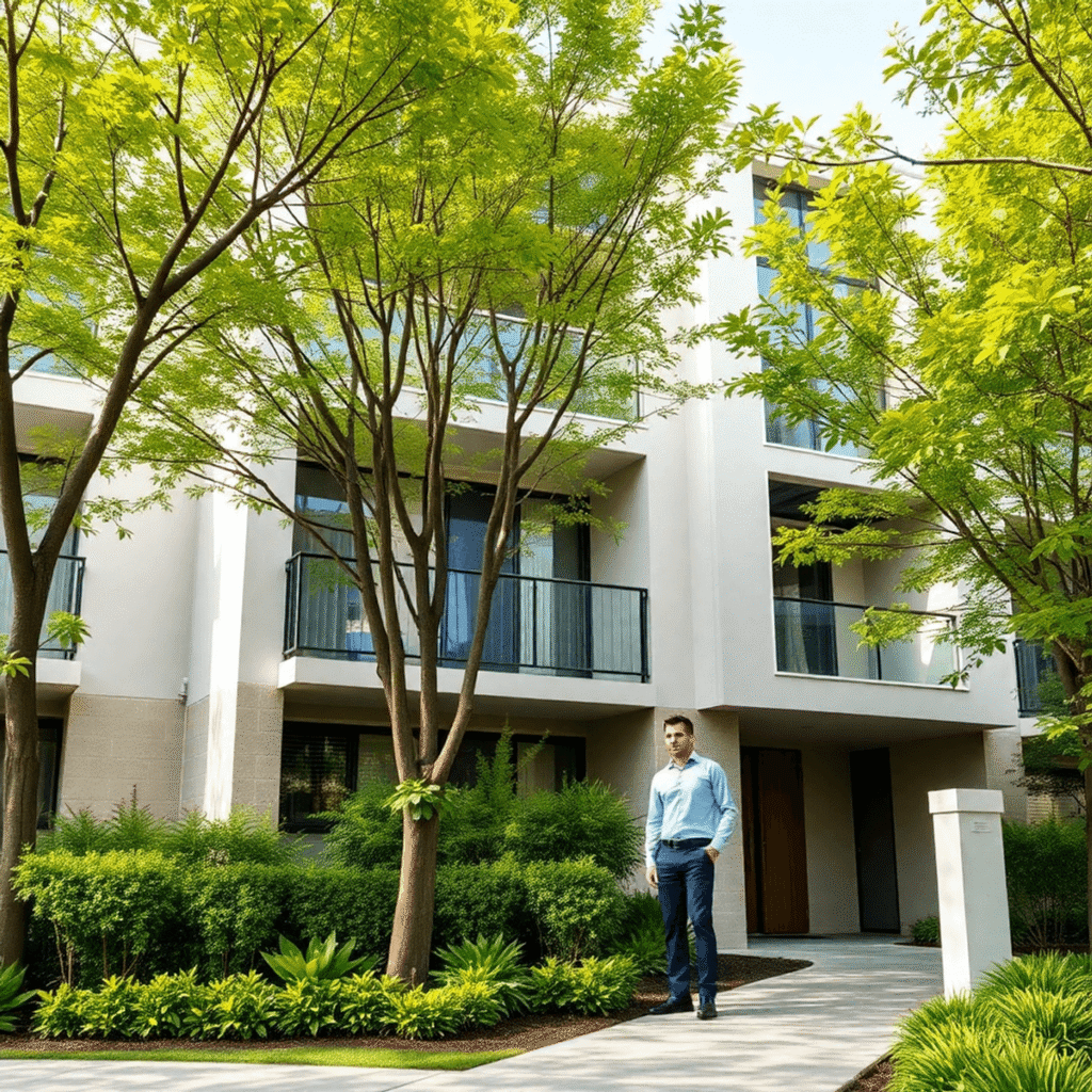 Modern residential building in Perth with green trees and gardens, a property manager inspecting the exterior, symbolizing attentive maintenance an...