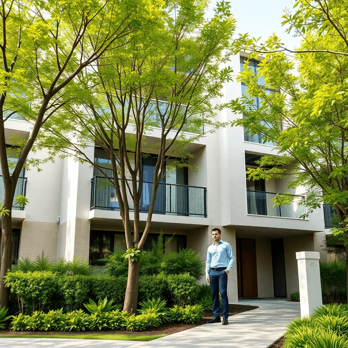 Modern residential building in Perth with green trees and gardens, a property manager inspecting the exterior, symbolizing attentive maintenance an...