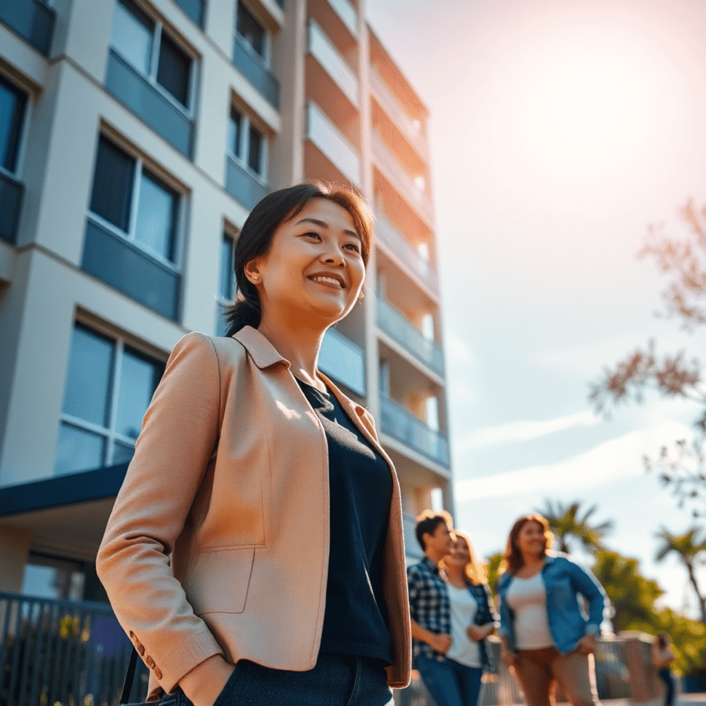Modern residential building in sunlight with a confident real estate agent engaging happy tenants, digital data overlays in the sky symbolizing tec...