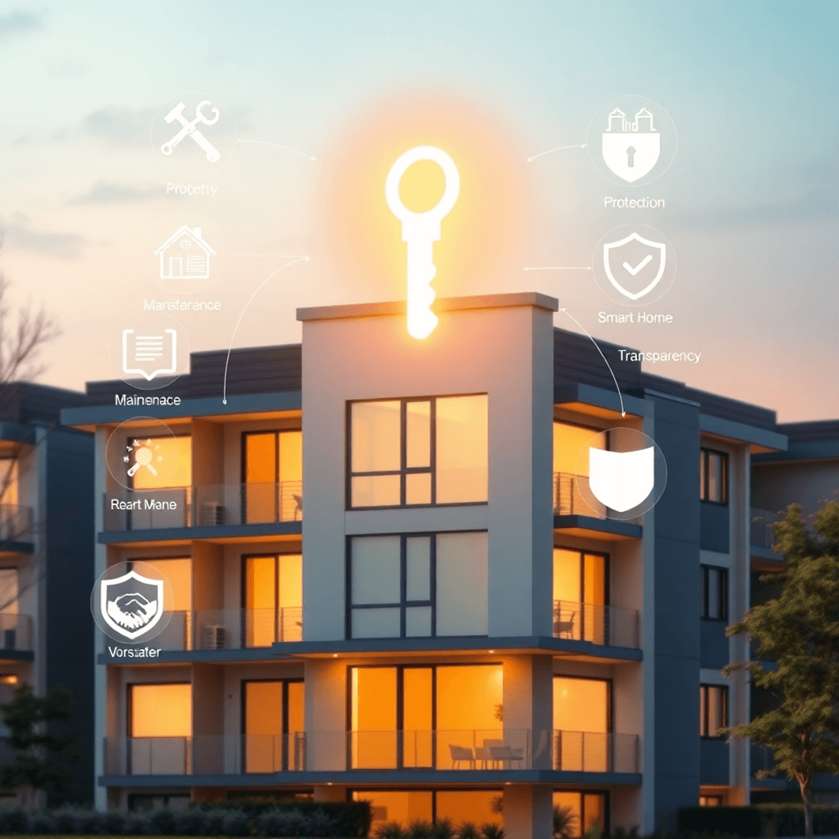 Modern residential building with glowing key above, surrounded by icons for maintenance, protection, and trust; background shows data graphs and sm...