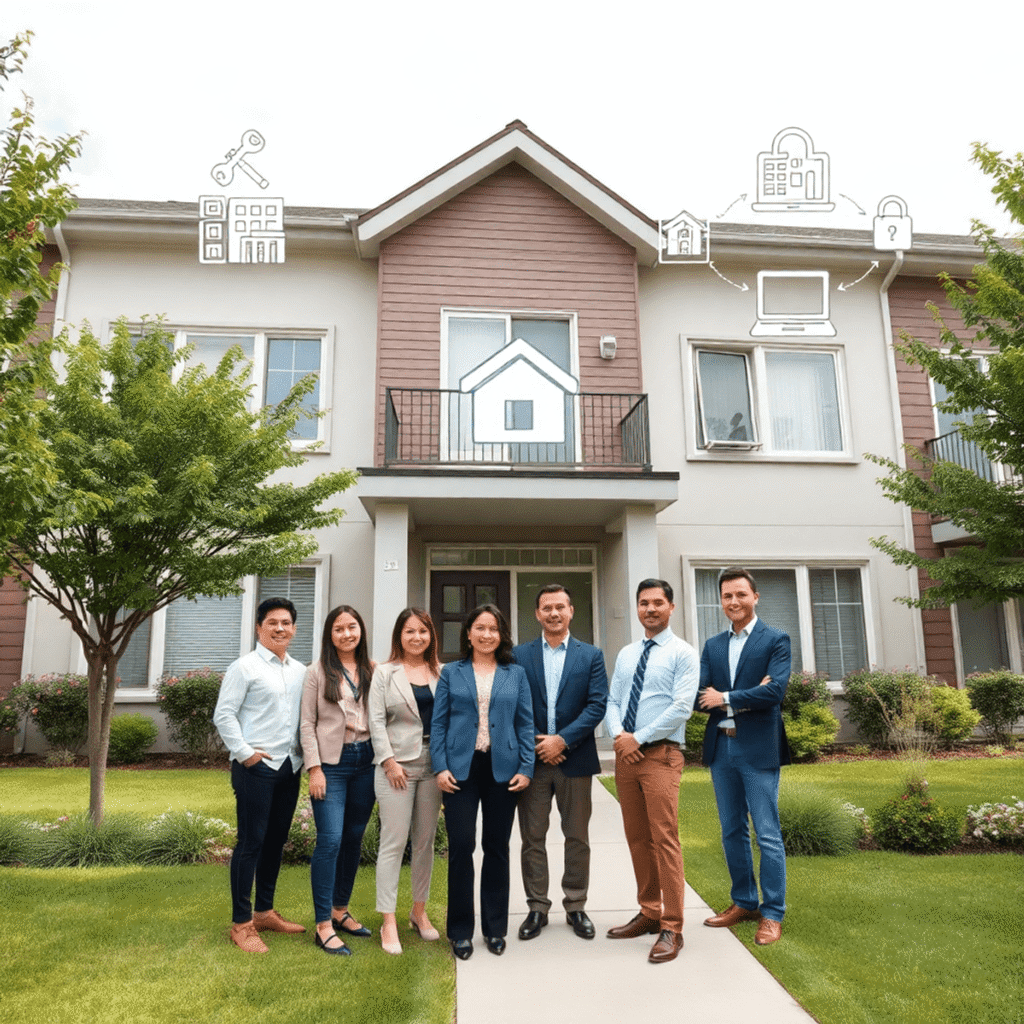 Modern suburban building with landscaped grounds, property managers interacting with tenants, home maintenance icons, digital data visuals, and tru...