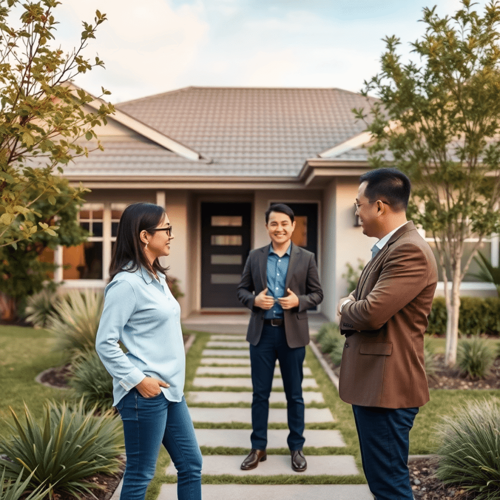 Modern suburban home in Perth with a lush garden, a real estate agent and landlord engaged in a friendly outdoor discussion, symbolizing trust in p...