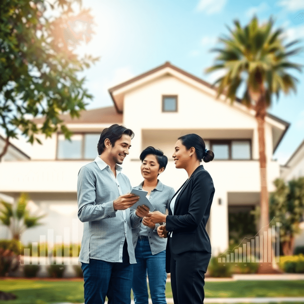 Modern suburban home in Perth with a real estate agent and couple discussing property, surrounded by greenery and subtle tech graphics symbolizing ...