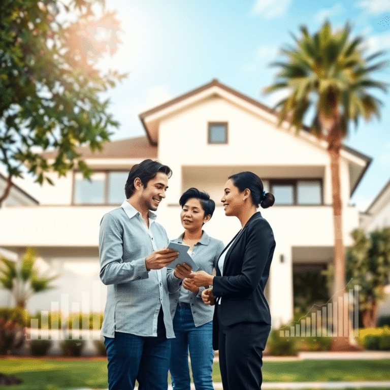 Modern suburban home in Perth with a real estate agent and couple discussing property, surrounded by greenery and subtle tech graphics symbolizing ...
