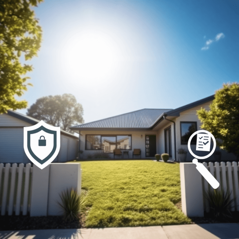 Modern suburban home under bright sky with a shield icon, checklist, and magnifying glass symbolizing insurance and inspection in a clean, realisti...