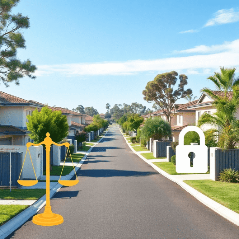 Modern suburban homes in Western Australia with symbols of legal compliance and security under a clear sky, conveying trust and professionalism.