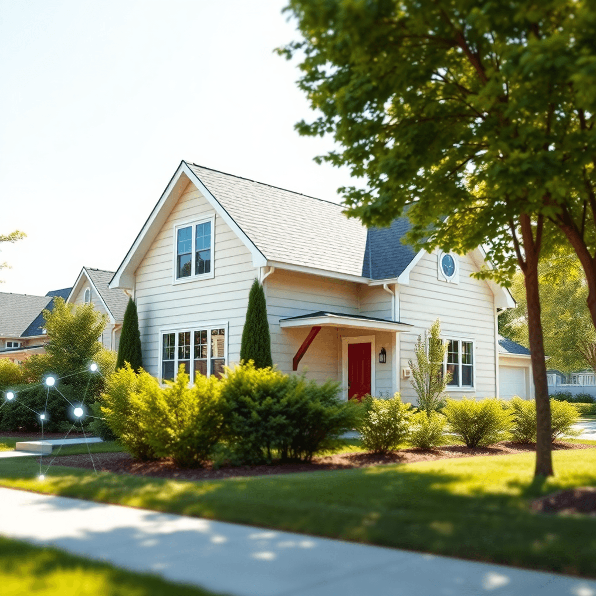 Modern suburban house surrounded by greenery with glowing nodes and interconnected lines symbolizing tech-driven property management in bright dayl...