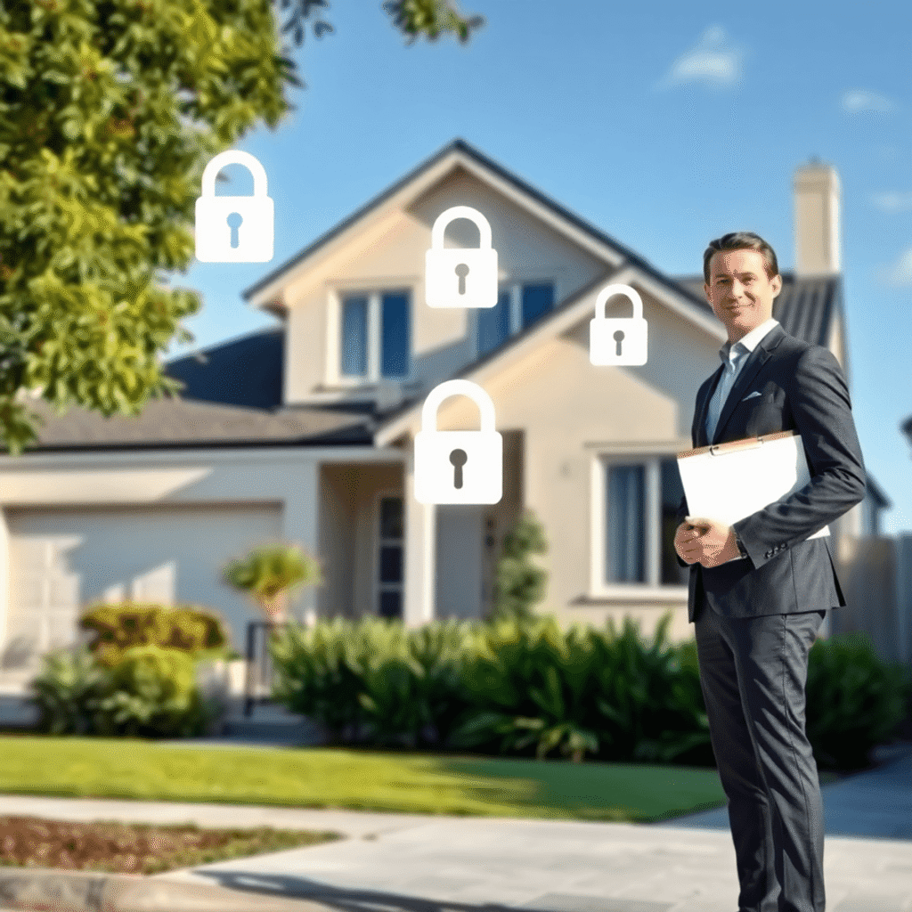 Modern suburban house with a real estate agent holding a clipboard, bright lighting, lush garden, and icons of security and financial growth in the...
