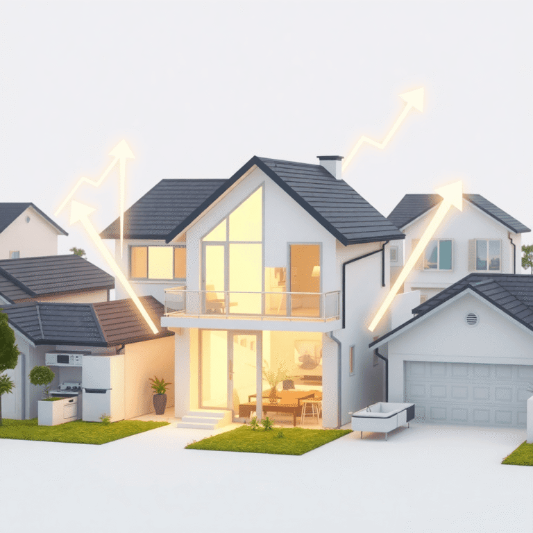 Modern suburban house with detailed architecture, surrounded by abstract upward arrows and glowing lights, featuring minimalistic household assets ...