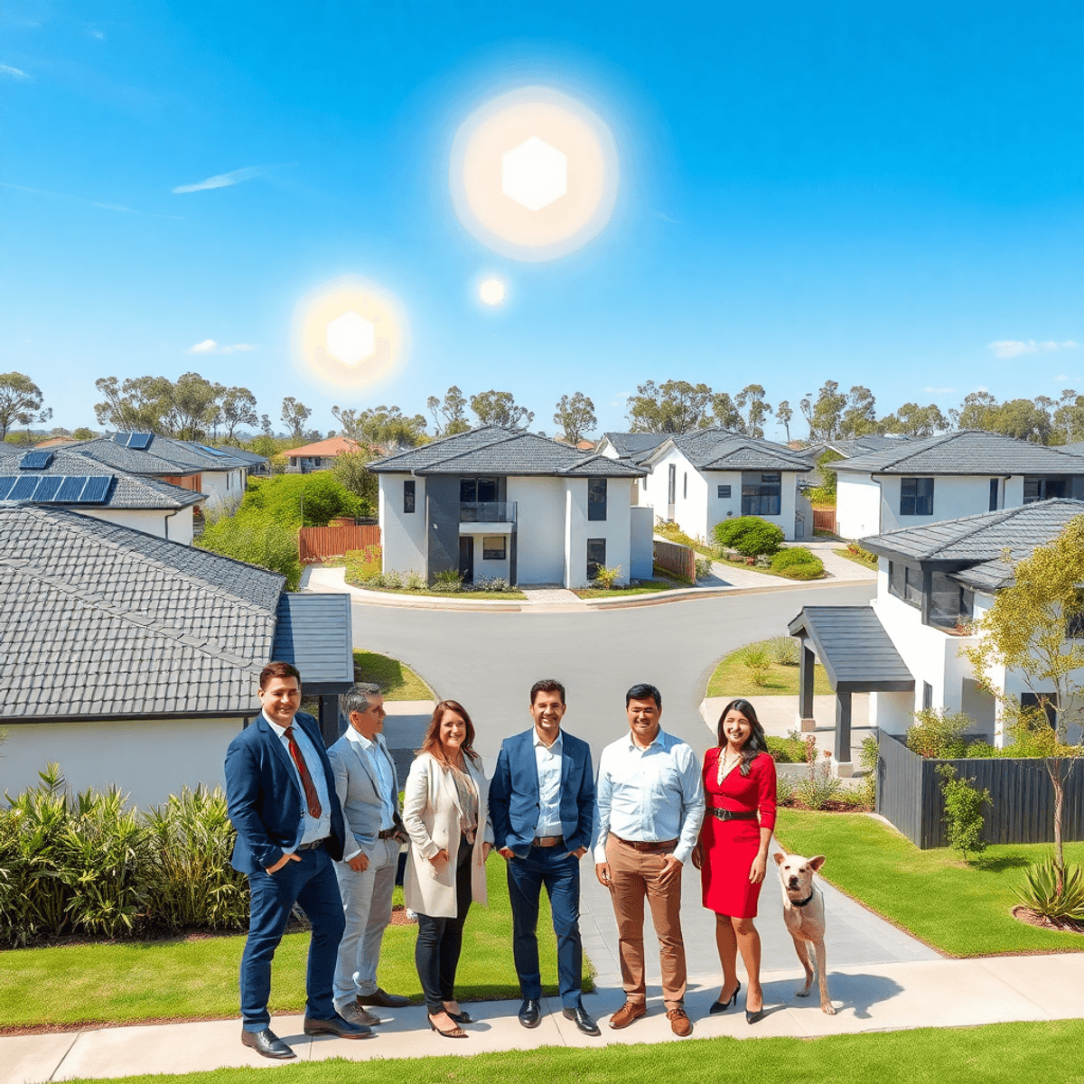 Modern suburban neighborhood in Kingsley, WA with contemporary homes, solar panels, glowing tech icons, real estate agents with clients, greenery, ...