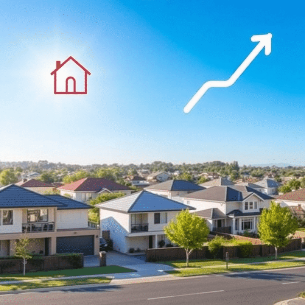 Modern suburban neighborhood with diverse houses under blue sky, featuring stylized house key and upward arrow symbolizing real estate growth and i...