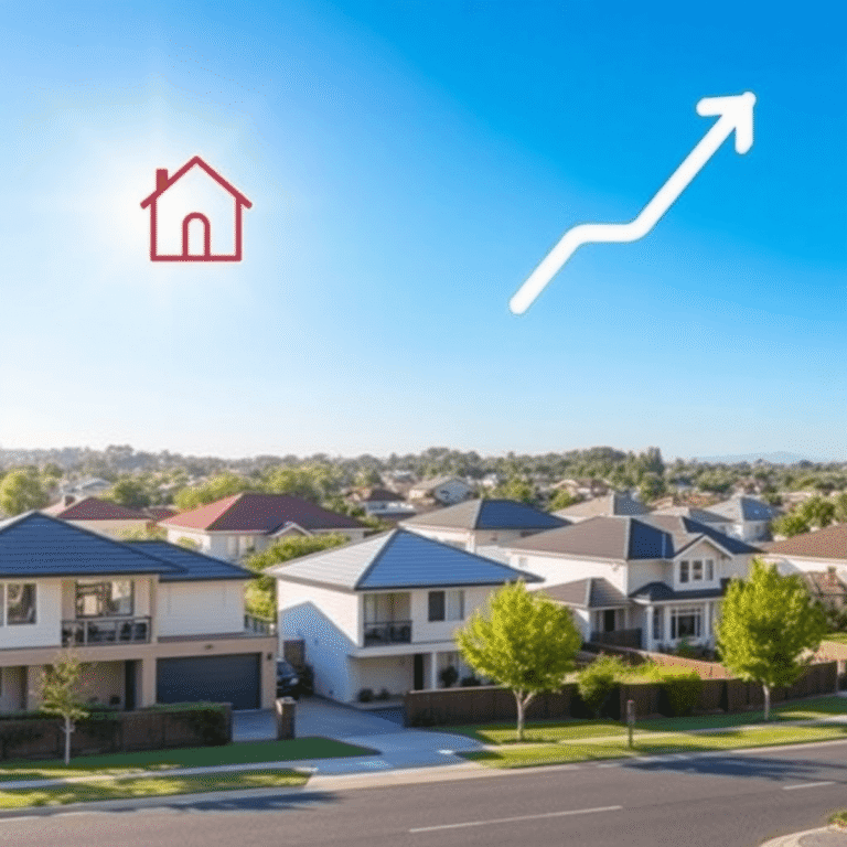 Modern suburban neighborhood with diverse houses under blue sky, featuring stylized house key and upward arrow symbolizing real estate growth and i...