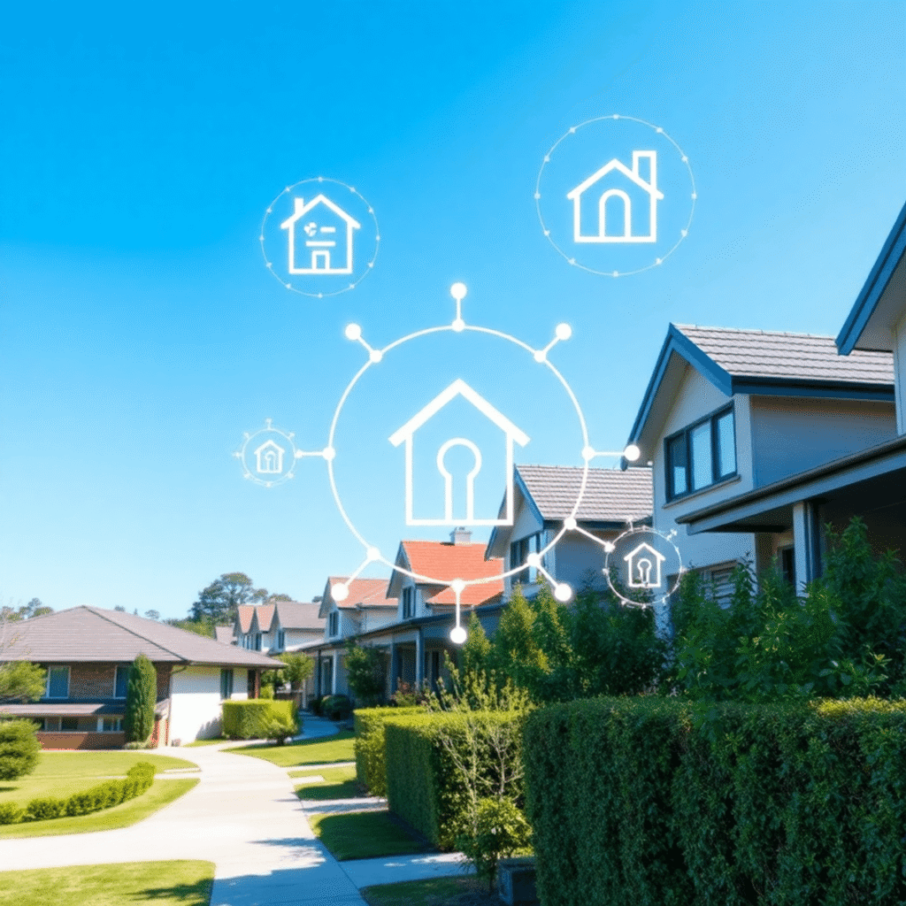 Modern suburban neighborhood with well-kept houses, lush greenery, and digital icons of keys and houses symbolizing tech-driven property management.