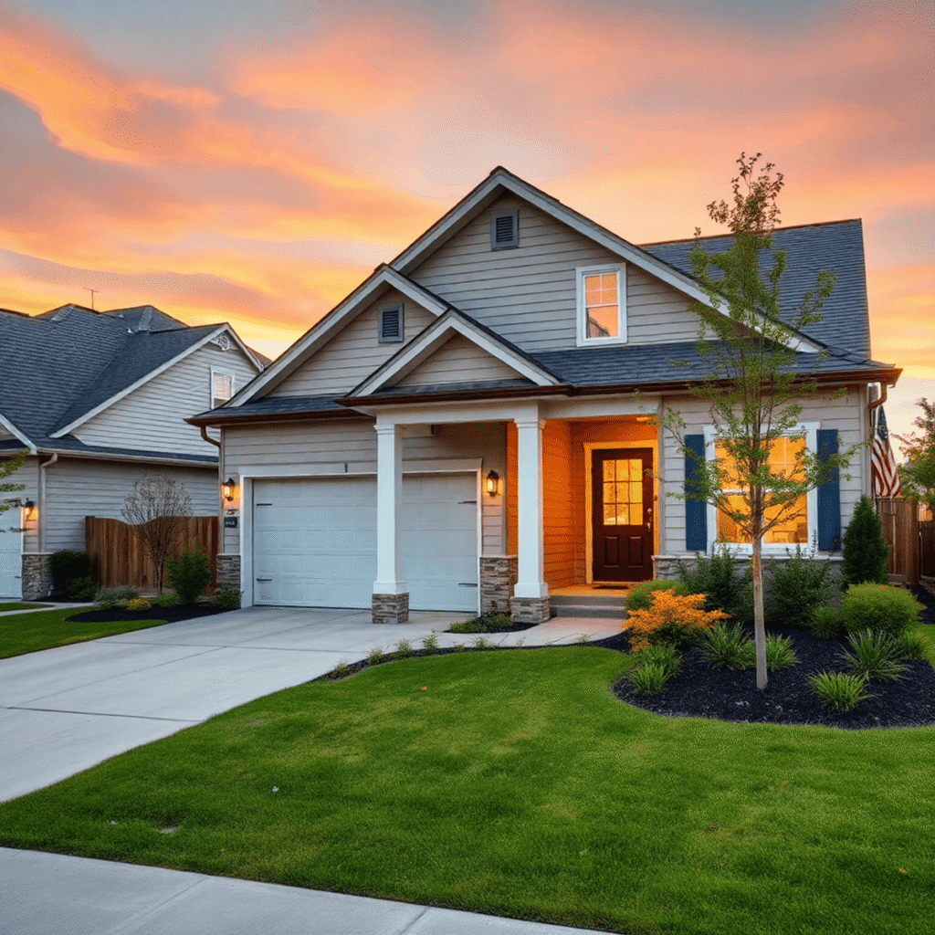 Modern suburban rental home at sunset with manicured landscaping and warm lighting, highlighting its inviting and professional appearance.