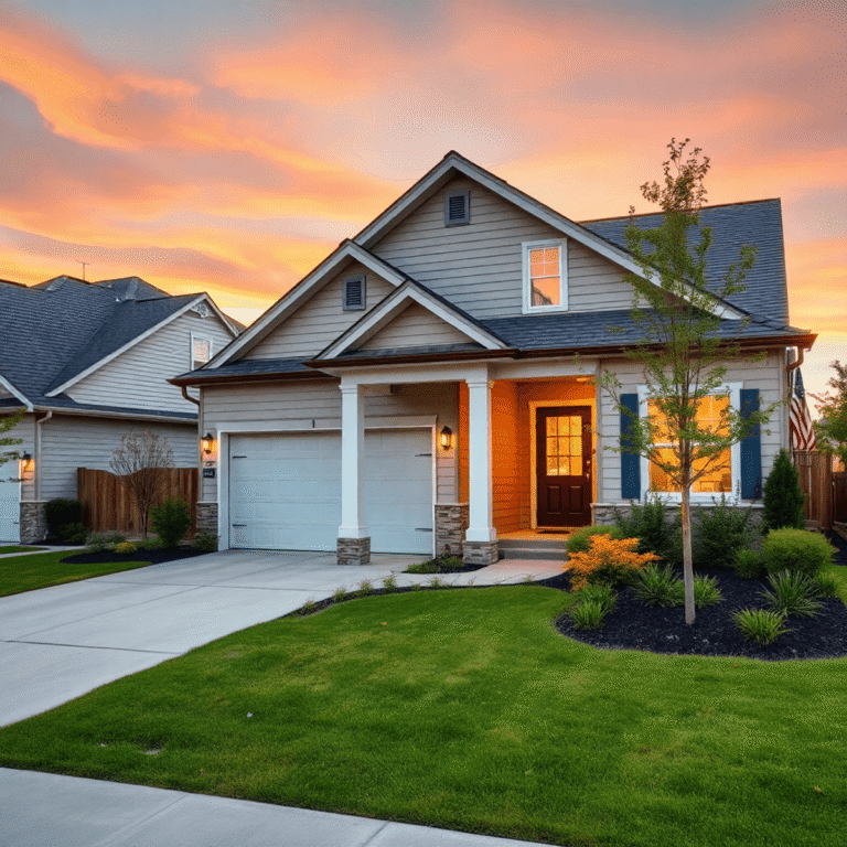 Modern suburban rental home at sunset with manicured landscaping and warm lighting, highlighting its inviting and professional appearance.