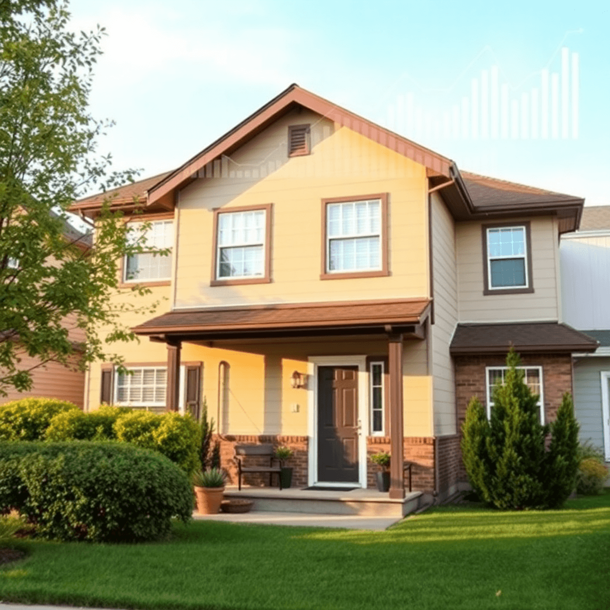 Modern suburban rental home with lush greenery, warm lighting, and digital data charts subtly overlaid in the sky, symbolizing real estate and mark...