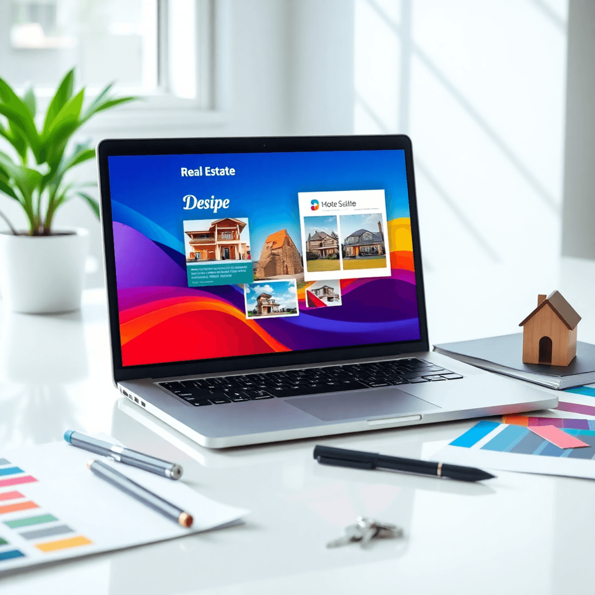 Modern workspace with laptop showing colorful real estate brochure, digital pen, color swatches, house model, and keys in a bright, clean setting.
