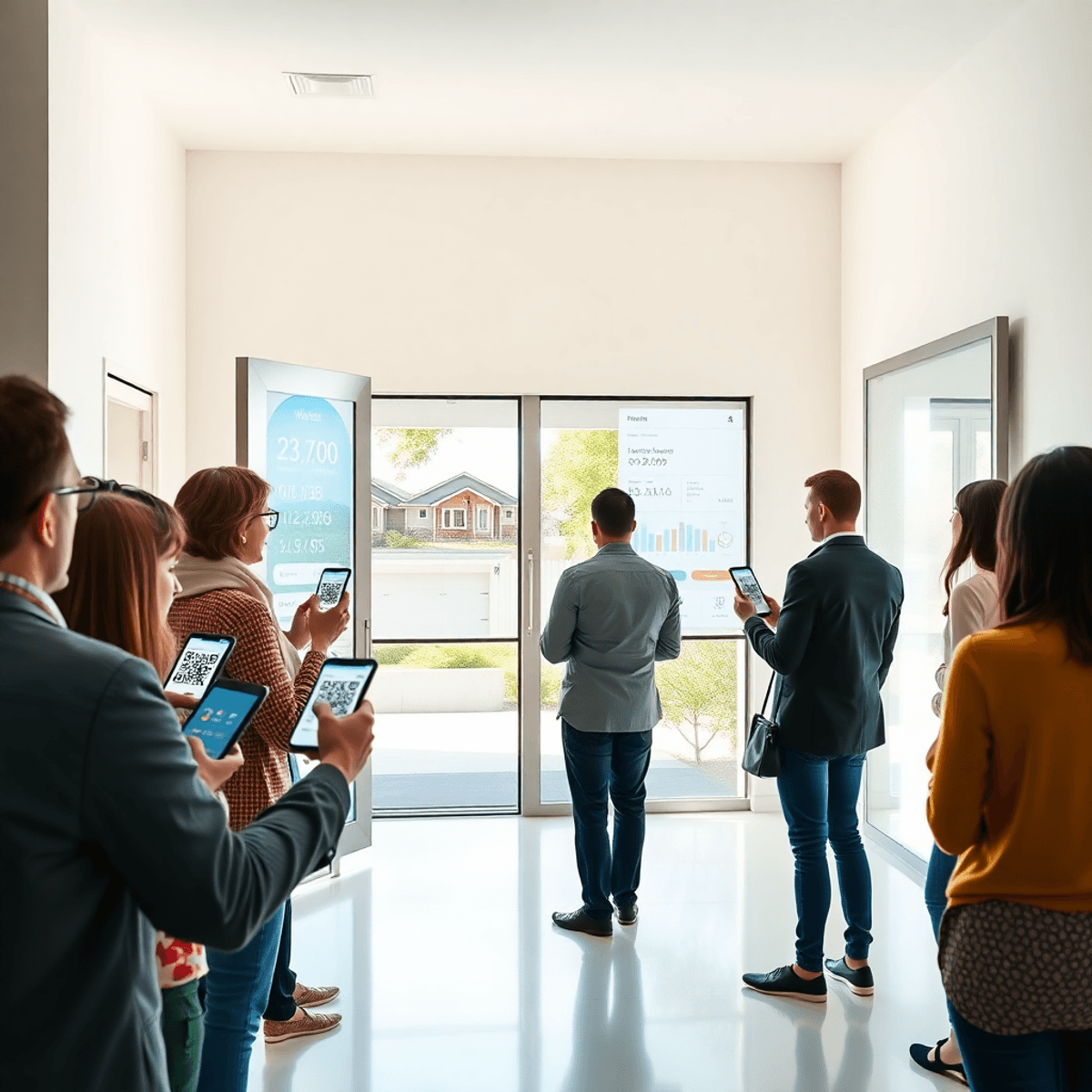People scanning QR codes at a bright open house entrance with a digital dashboard displaying property data and visitor stats in the background.