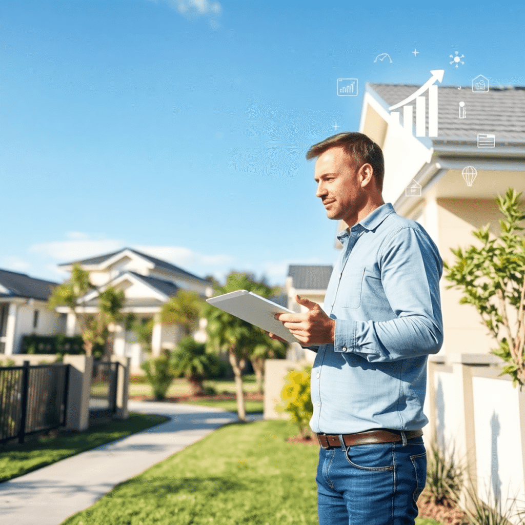 Professional inspecting a well-kept suburban home on a sunny day, with subtle icons of financial growth and smart technology in the background.