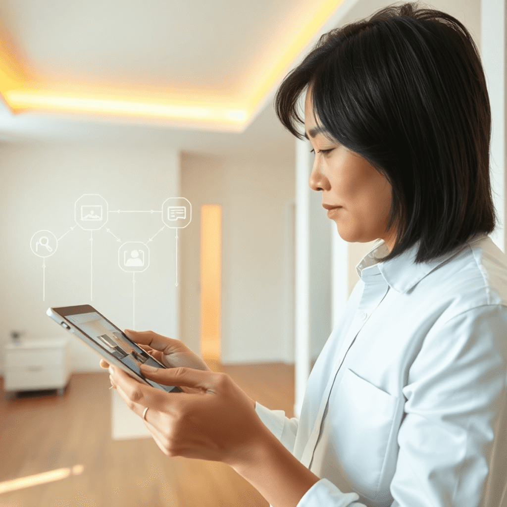 Professional property manager inspecting a bright, modern rental interior with a digital tablet, capturing photos amid abstract digital data icons.