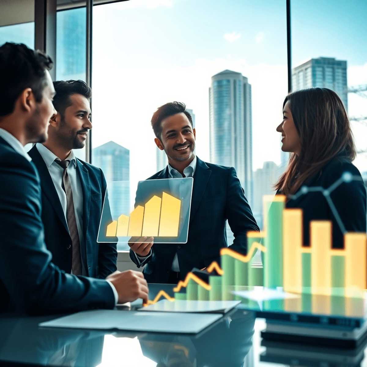 Professionals in a modern office discussing digital charts and glowing graphs, with urban buildings visible through large windows.