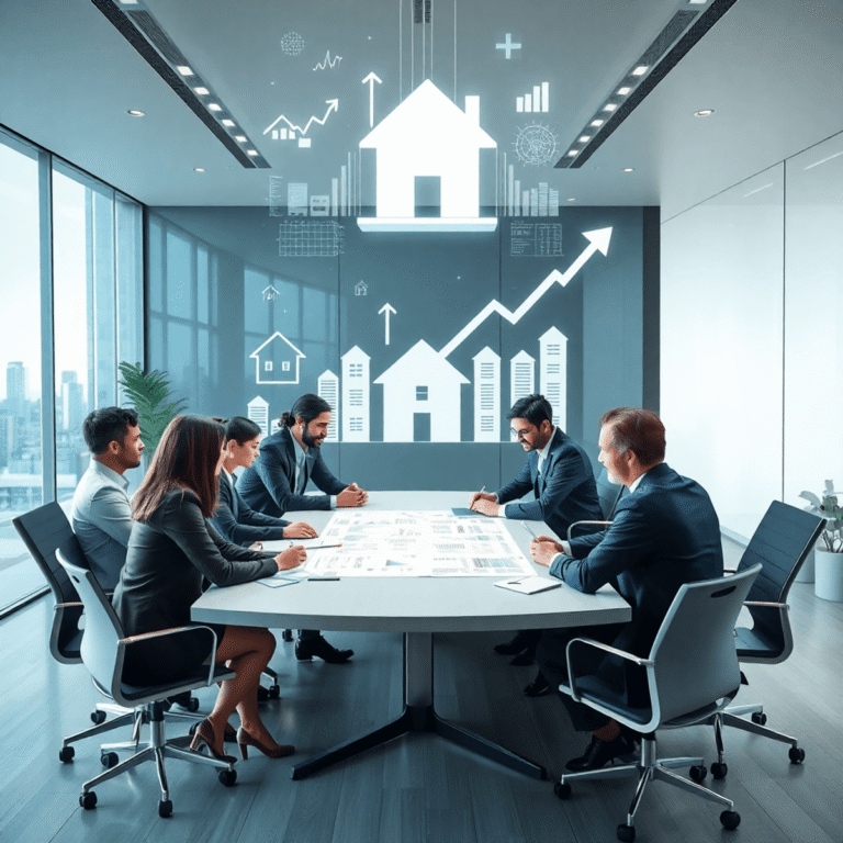 Professionals in a modern real estate office discuss plans around a table with floating digital charts and abstract house and growth arrow graphics...
