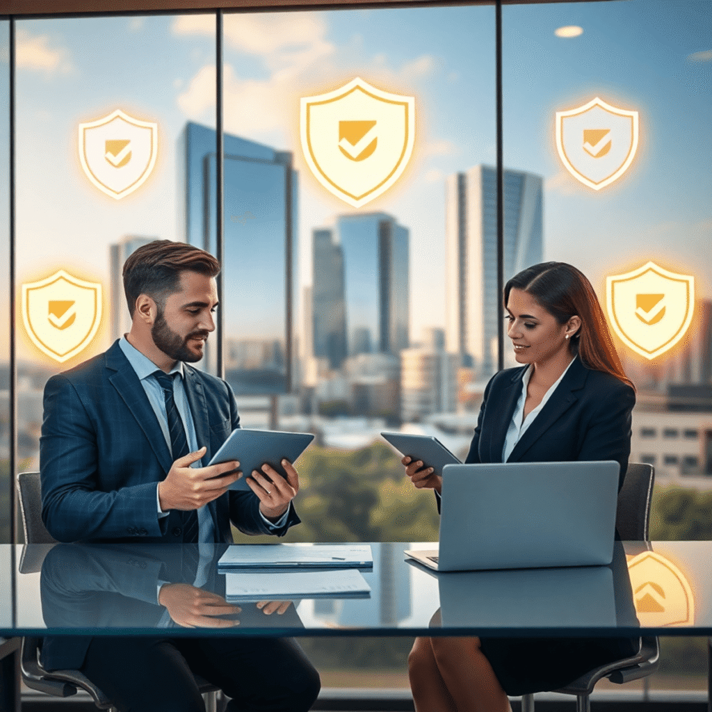 Property managers in a modern office reviewing tenant applications on tablets, surrounded by glowing security icons and sleek residential buildings...