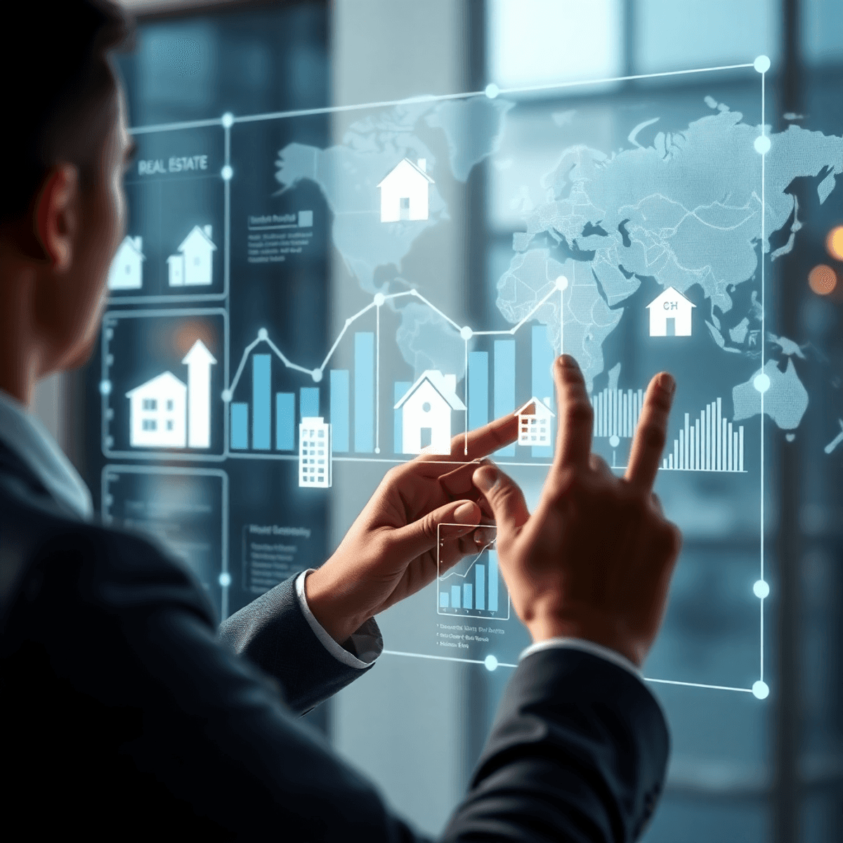 Real estate agent analyzing digital market data on a transparent virtual screen with graphs, property icons, and maps in a modern office.