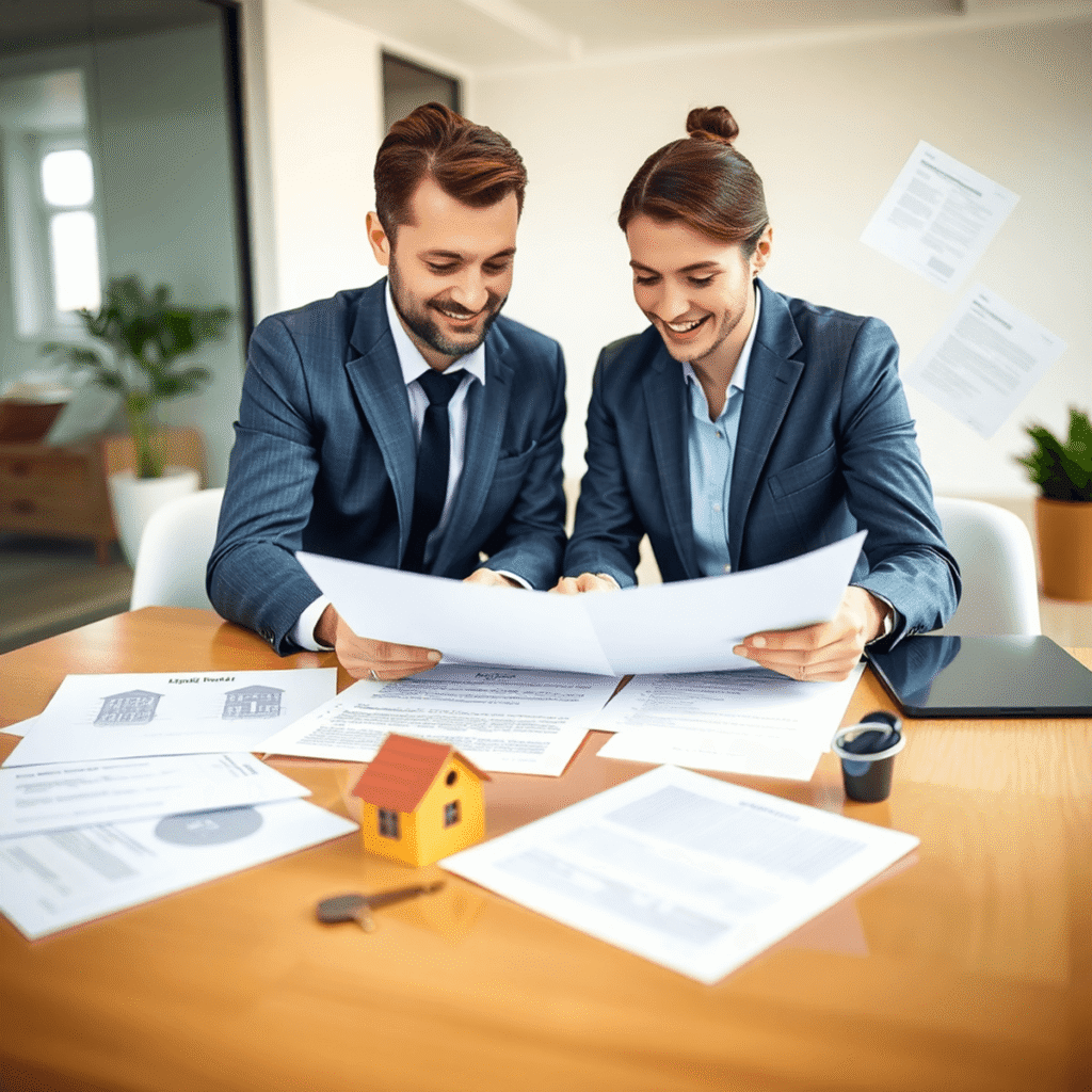 Real estate agent and client reviewing documents at modern office table with house model, keys, and floating contract papers symbolizing trust and ...
