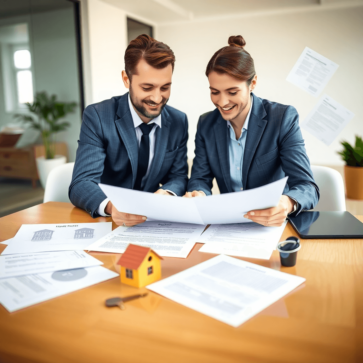 Real estate agent and client reviewing documents at modern office table with house model, keys, and floating contract papers symbolizing trust and ...
