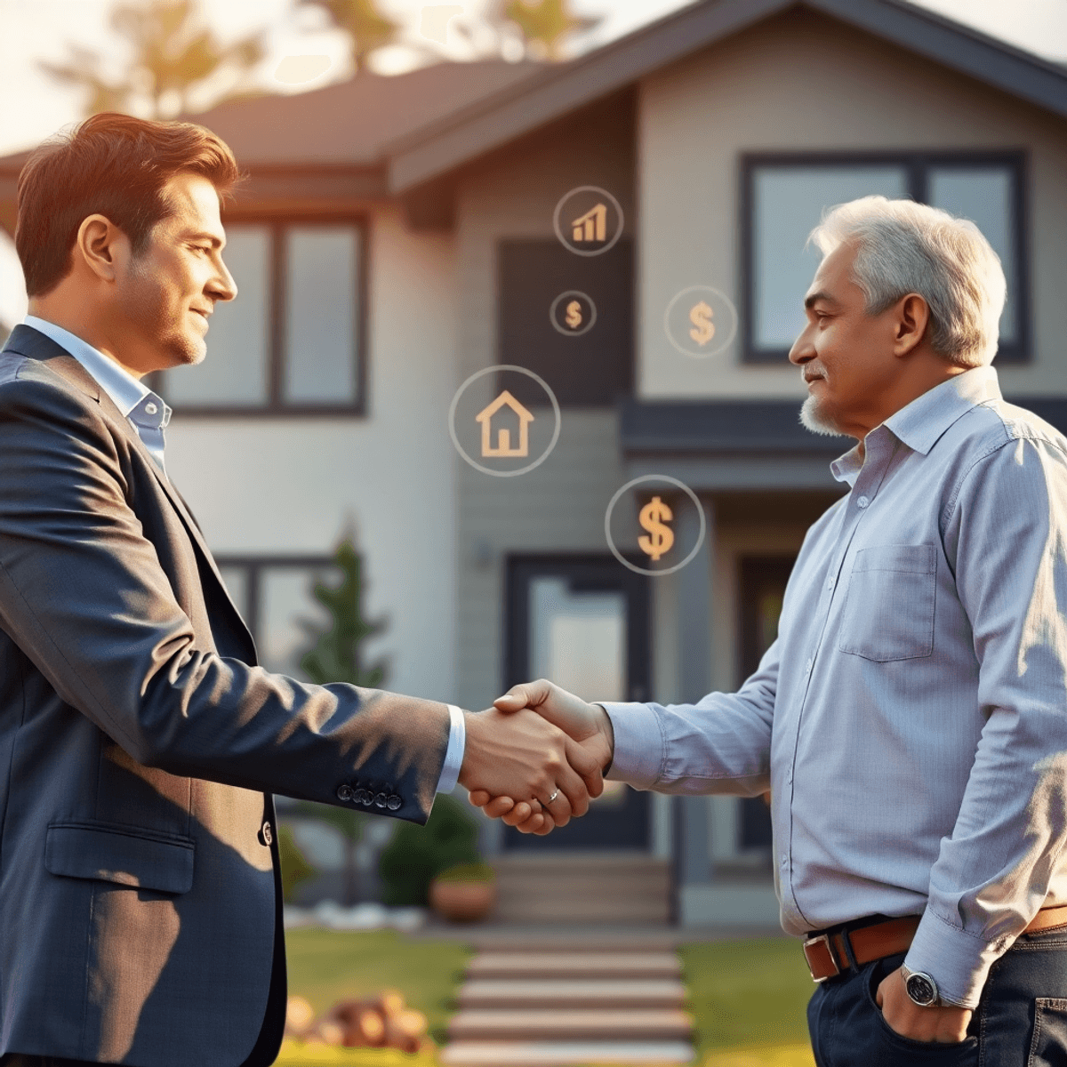 Real estate agent and property owner shaking hands in front of a modern suburban home with warm lighting and subtle growth icons in the background.