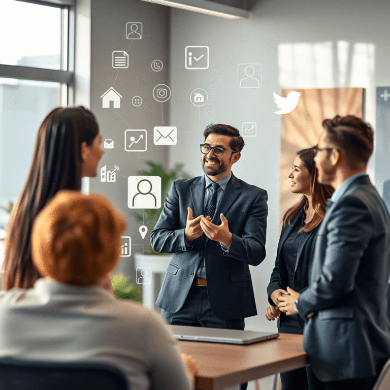 Real estate agent engaging with happy clients in a modern office, surrounded by digital icons of feedback, reviews, and social media, with warm nat...