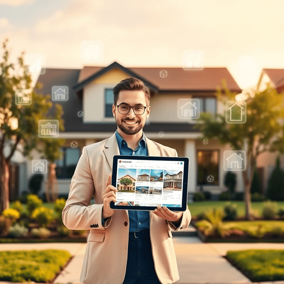Real estate agent holding a tablet with property listings in front of a stylish house, with floating digital icons symbolizing online real estate p...