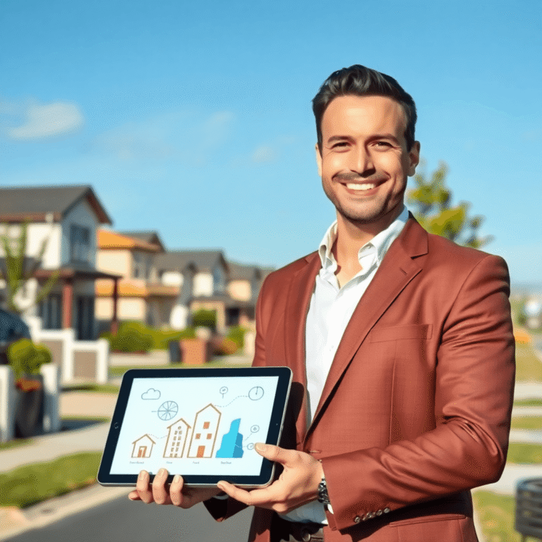 Real estate agent outdoors in a vibrant suburban neighborhood holding a tablet displaying property icons and graphs, with modern houses and greener...