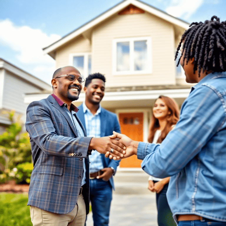 Real estate agent shaking hands with a couple in front of a modern house in a bright suburban neighborhood, symbolizing trust and new beginnings.