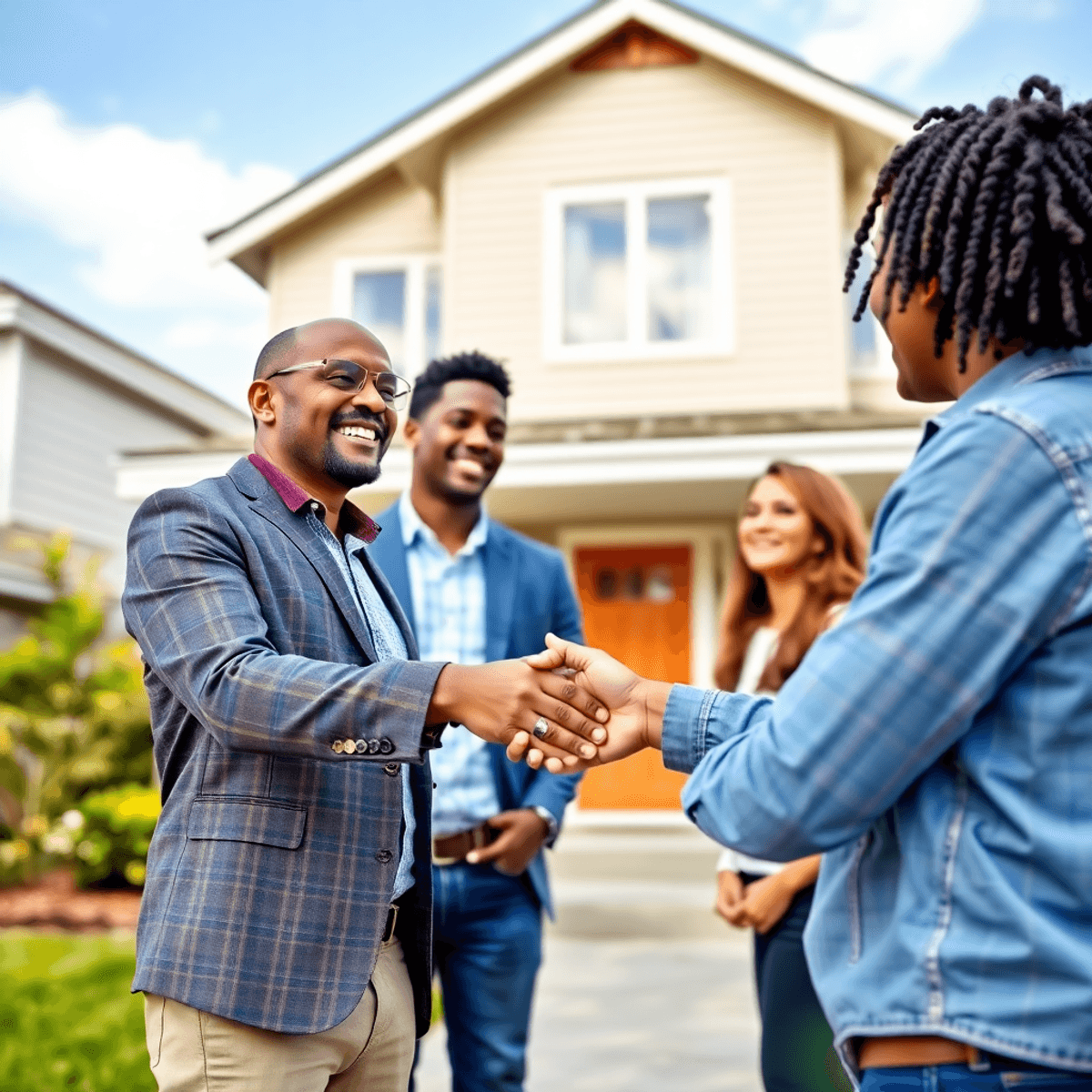 Real estate agent shaking hands with a couple in front of a modern house in a bright suburban neighborhood, symbolizing trust and new beginnings.