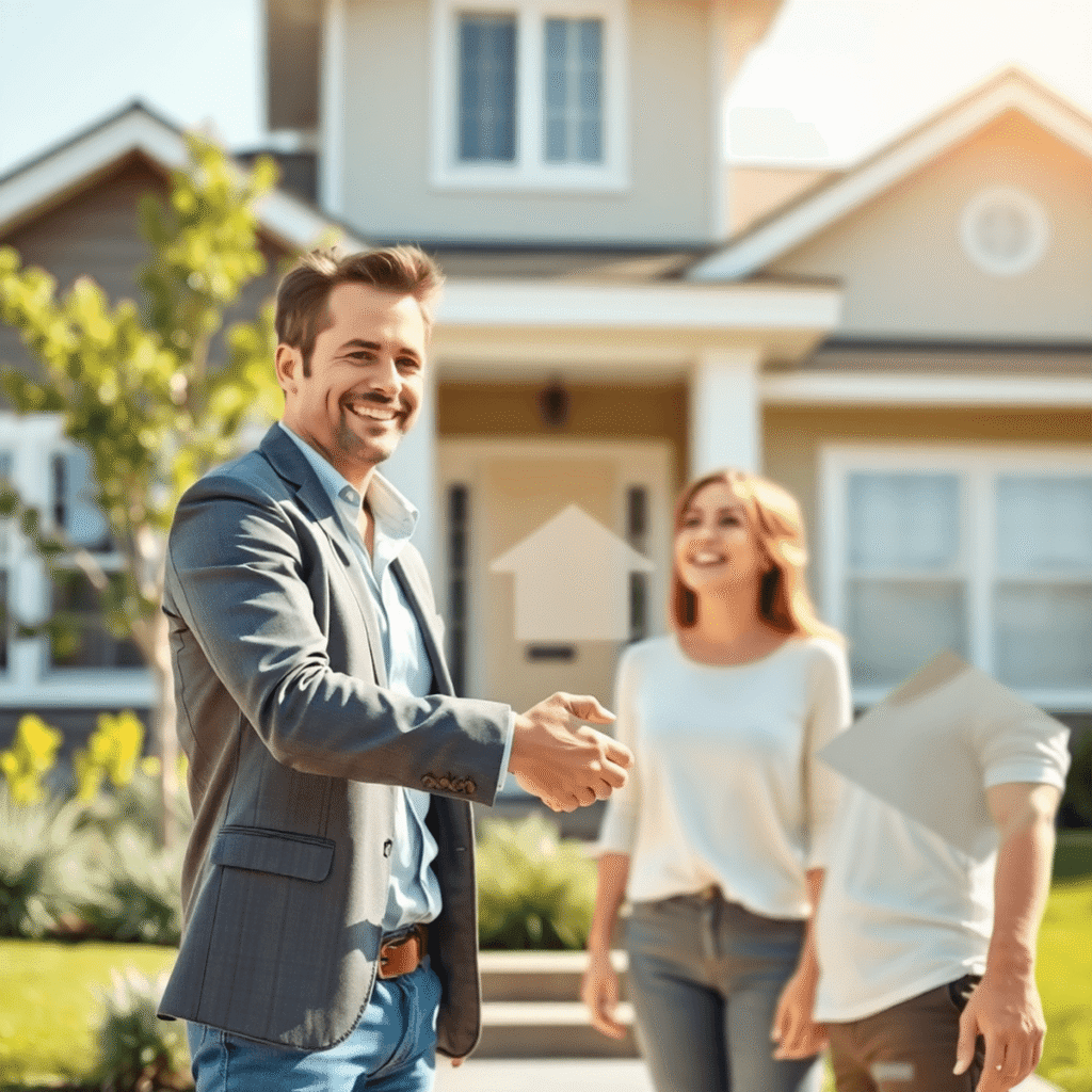 Real estate agent shaking hands with a happy couple outside a modern home on a sunny day, with keys and house silhouette in the background.