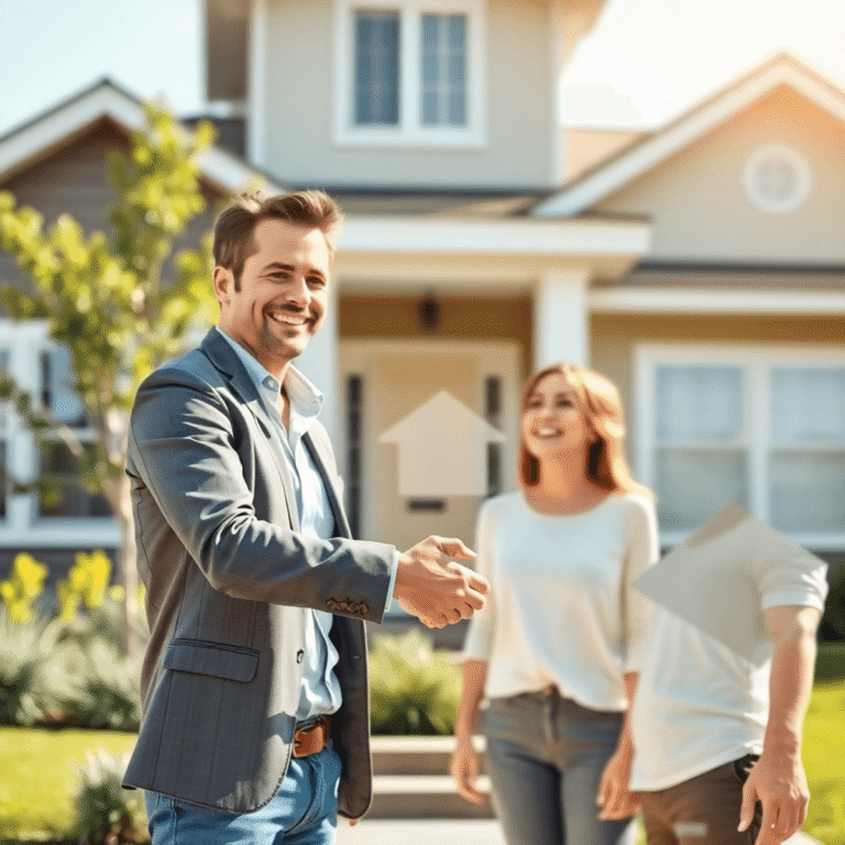 Real estate agent shaking hands with a happy couple outside a modern home on a sunny day, with keys and house silhouette in the background.