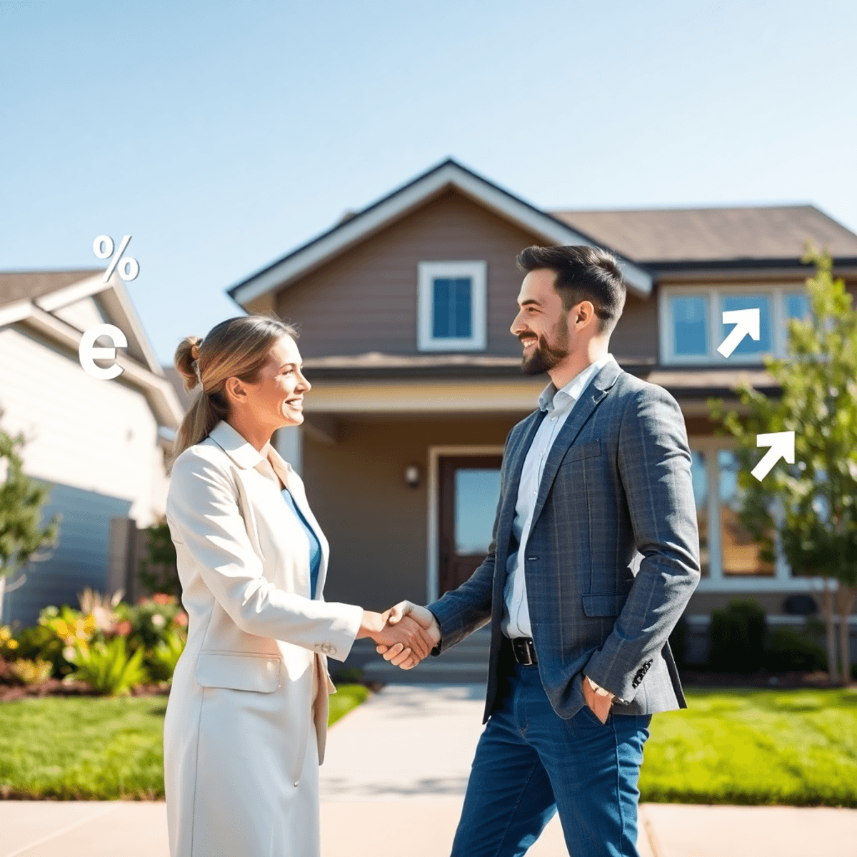 Real estate agent shaking hands with a happy seller in front of a modern house, with abstract symbols of money and contracts floating nearby.