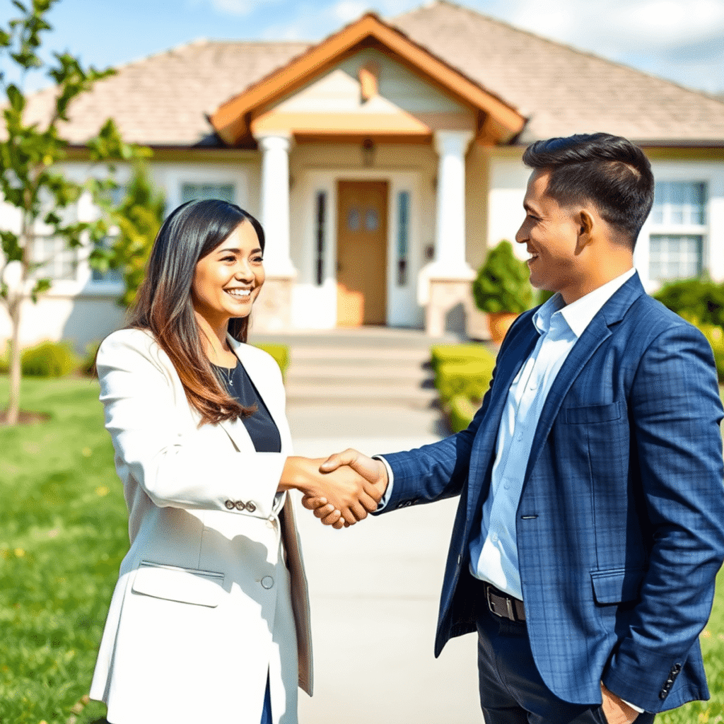 Real estate agent shaking hands with a happy seller in front of a stylish suburban home on a bright, green lawn under clear skies.